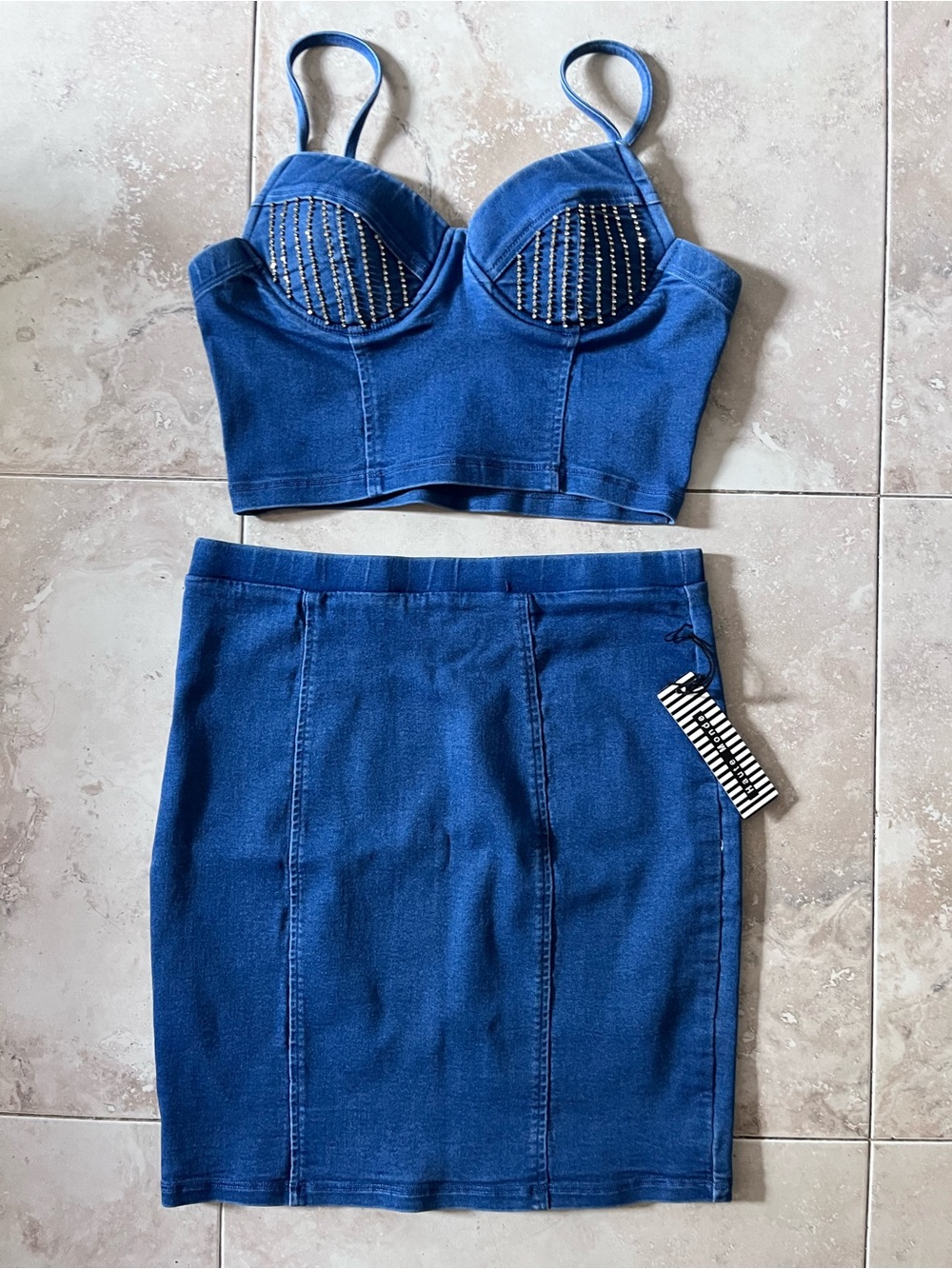 Rhinestone Denim Bustier & Skirt Set